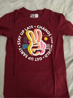 Dutch Bros Maroon Short-Sleeve Tee with Multicolor Peace-Hand Graphic
